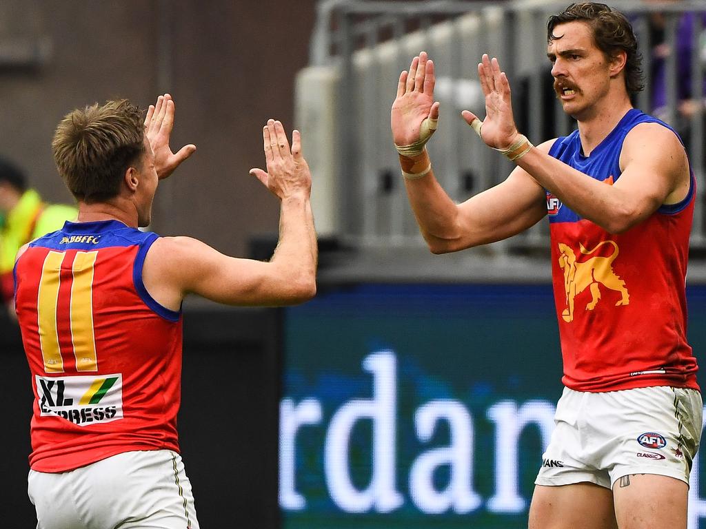 In the absence of the injured Eric Hipwood, Joe Daniher (R) booted four goals on Sunday. (Photo by Daniel Carson/AFL Photos via Getty Images)