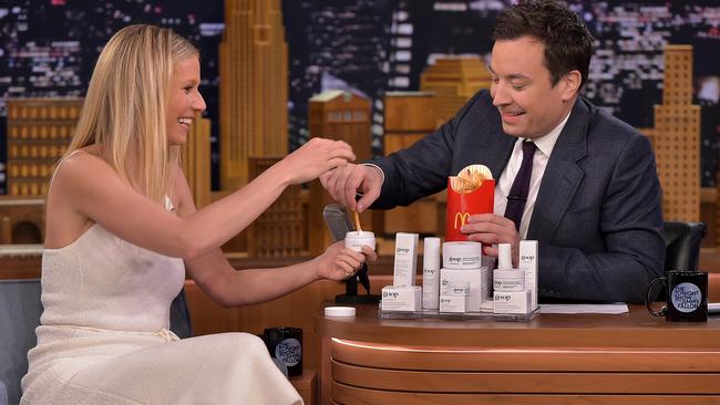 Gwyneth Paltrow spruiks - and eats - her new skincare line on The Tonight Show Starring Jimmy Fallon. Picture: Theo Wargo/Getty/NBC