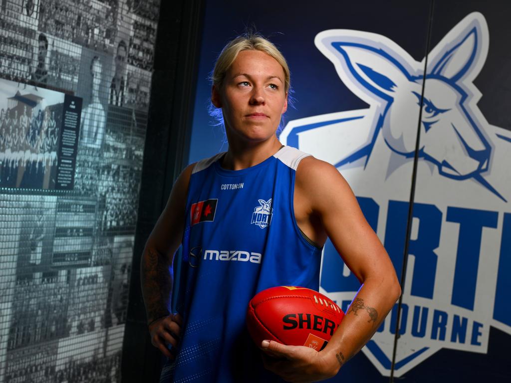 MELBOURNE, AUSTRALIA - NOVEMBER 28: Sarah Wright of the Kangaroos poses during a North Melbourne Kangaroos AFLW media opportunity at Arden Street Ground on November 28, 2023 in Melbourne, Australia. (Photo by Morgan Hancock/Getty Images)