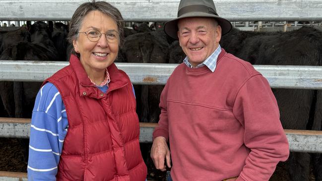 Purchasers Elizabeth Delahunty and Mark Vaughan of Yarragon bought steers at the Mortlake sale. Picture: Kate Dowler