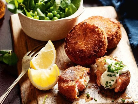 Smoked trout fishcakes with pea and watercress salad.