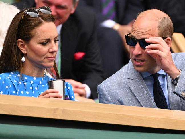 Britain's Catherine, Duchess of Cambridge and Britain's Prince William, Duke of Cambridge, during the men's singles quarterfinal tennis match between Serbia's Novak Djokovic and Italy's Jannik Sinner at The All England Tennis Club in Wimbledon, southwest London, on July 5, 2022. Picture: Sebastien Bozon / AFP.