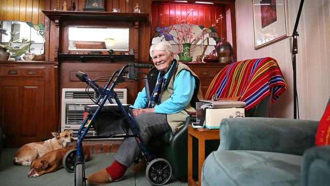 Joan Fitz-Nead, 84, of West Hobart, has severe spinal disintegration and wants the option of voluntary assisted dying. Picture: SAM ROSEWARNE