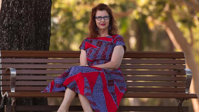 Black Cat Couture designer Marcia Russell wears a dress she designed using a print from Injalak Arts. She helped design Ilma Ali's Flowers Underwater outfits. Picture: Pema Tamang Pakhrin