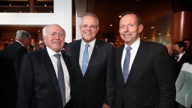 Former prime minister John Howard, Prime Minister Scott Morrison and former prime minister Tony Abbott at the official opening of the 46th Federal Parliament. Picture: Kym Smith