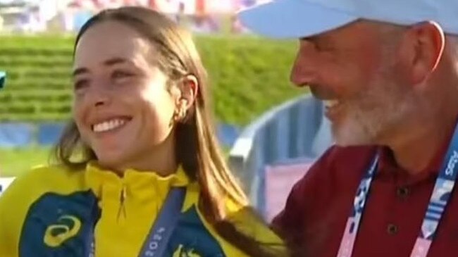 Noemie Fox with her parents Myriam and Richard, after her Olympic win. Picture: Nine