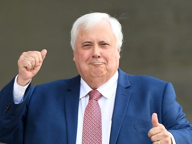 Businessman Clive Palmer gestures as he leaves the Supreme Court in Brisbane, Friday, October 26, 2018. Mr Palmer is trying to stop a second judge from hearing his legal battle with the liquidators of his collapsed Queensland Nickel business. (AAP Image/Dan Peled) NO ARCHIVING