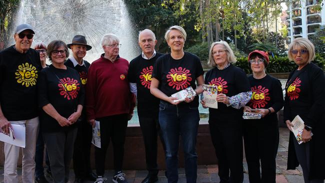 Environment minister Tanya Plibersek with former Prime Minister Malcolm Turnbull, his wife Lucy Turnbull, Member for Wentworth Allegra Spender to campaign for the Voice to Parliament. Picture: Gaye Gerard