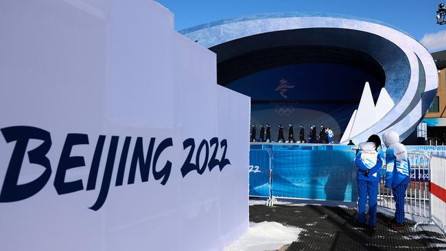 A medal ceremony rehearsal at the Zhangjiakou Winter Olympic awards square. Picture: Gety Images