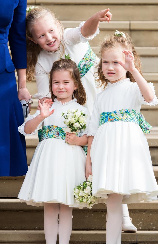Bridesmaids Princess Charlotte, Savannah Phillips and Maud Windsor after the wedding of Princess Eugenie. Picture: Pool/Samir Hussein/WireImage
