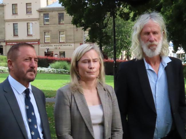 JLN MP Andrew Jenner and independents Kristie Johnston and Craig Garland speak to the media on Parliament Lawns in Hobart on Wednesday, March 12, 2025.