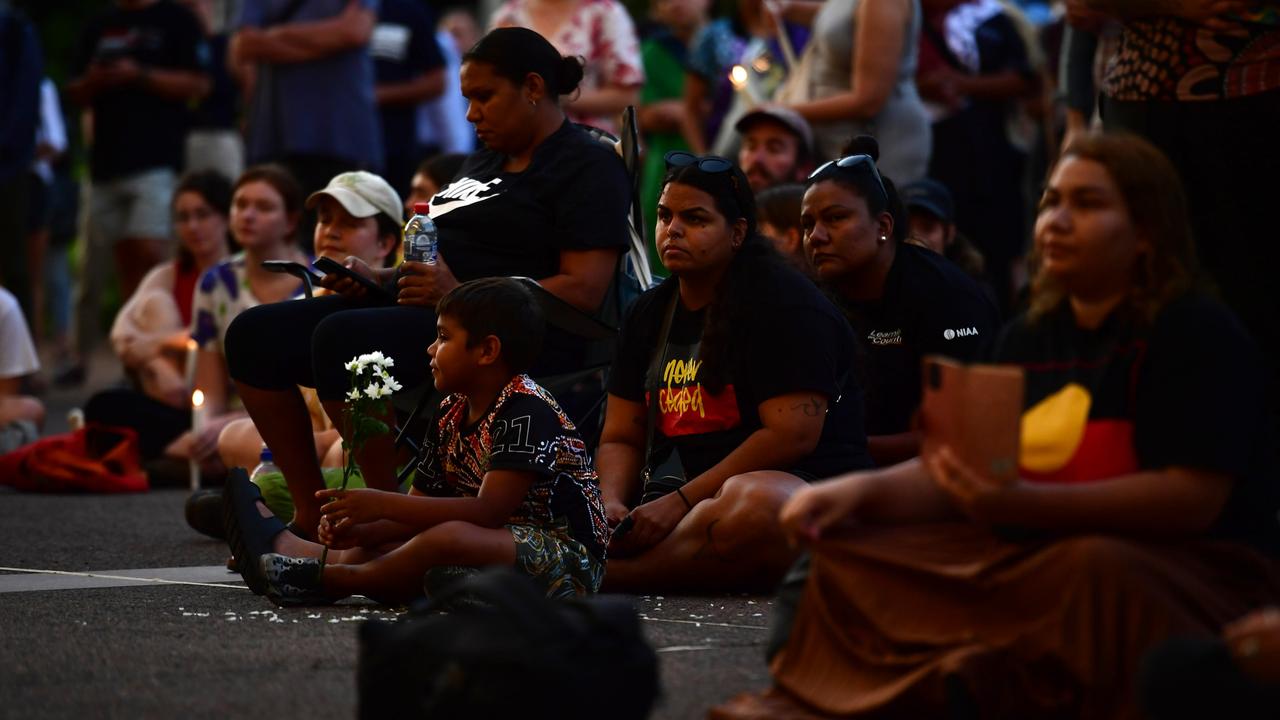 Hundreds of Top End residents gathered outside the NT Parliament on Wednesday for a vigil for Kumanjayi White, a 24-year-old Warlpiri man with a disability who died after being restrained by police in the Alice Springs Coles. Picture: Zizi Averill
