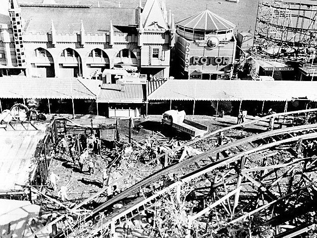An aerial view of the damage following the fire on the Ghost Train ride at Luna Park in Sydney in 1979. Picture: Bromley NSW/Fire Australia's First Century Historical