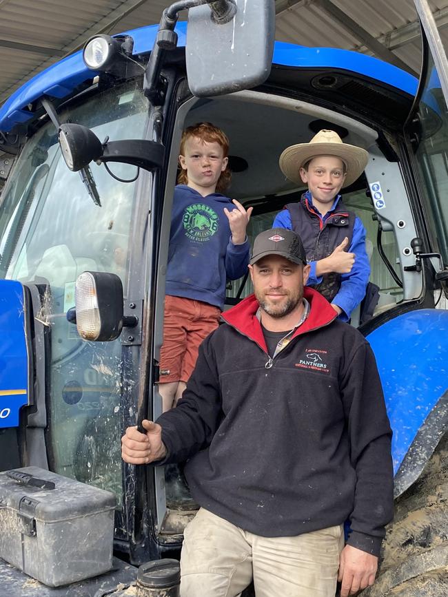 Lavington 2005 premiership hero and Upper Murray farmer, Darryn McKimmie with sons Brax, 6, and Lachy, 10. Picture: Supplied