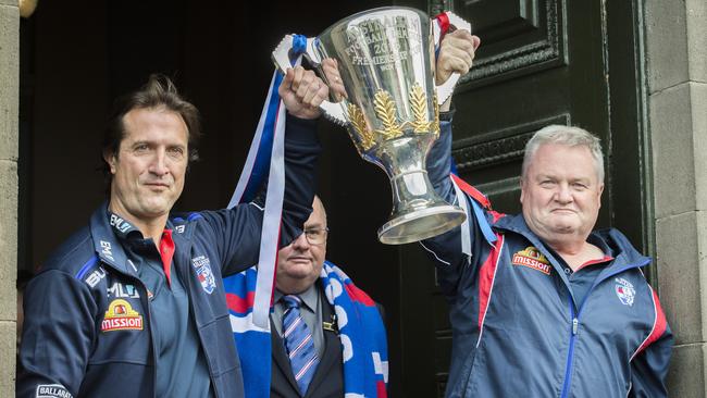 Western Bulldogs premiership coach Luke Beveridge and president Peter Gordon. Picture: Jason Edwards