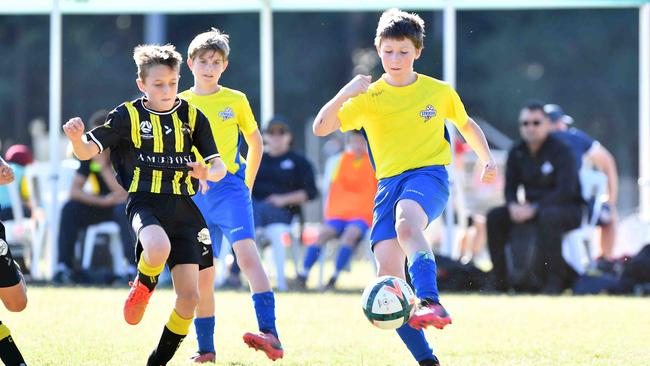 SOCCER: Junior football carnival, Maroochydore. Moreton Bay United V Strikers, U12 boys. Picture: Patrick Woods.