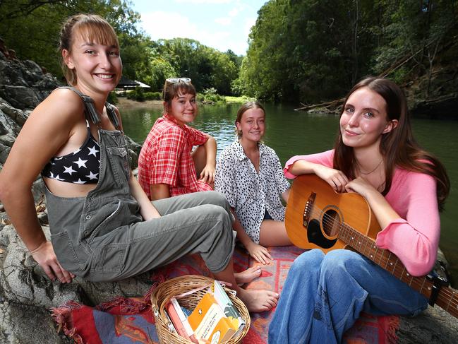 Josie Chase, Vivi Baker, Lilly Forbes, Cassia Carnell all from Tweed have a picnic together at Currumbin Rock Pools. Picture: Adam Head