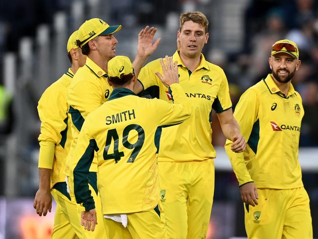 CHESTER-LE-STREET, ENGLAND - SEPTEMBER 24: Cameron Green of Australia celebrates dismissing Will Jacks of England during the 3rd Metro Bank ODI between England and Australia at Seat Unique Riverside on September 24, 2024 in Chester-le-Street, England. (Photo by Gareth Copley/Getty Images)