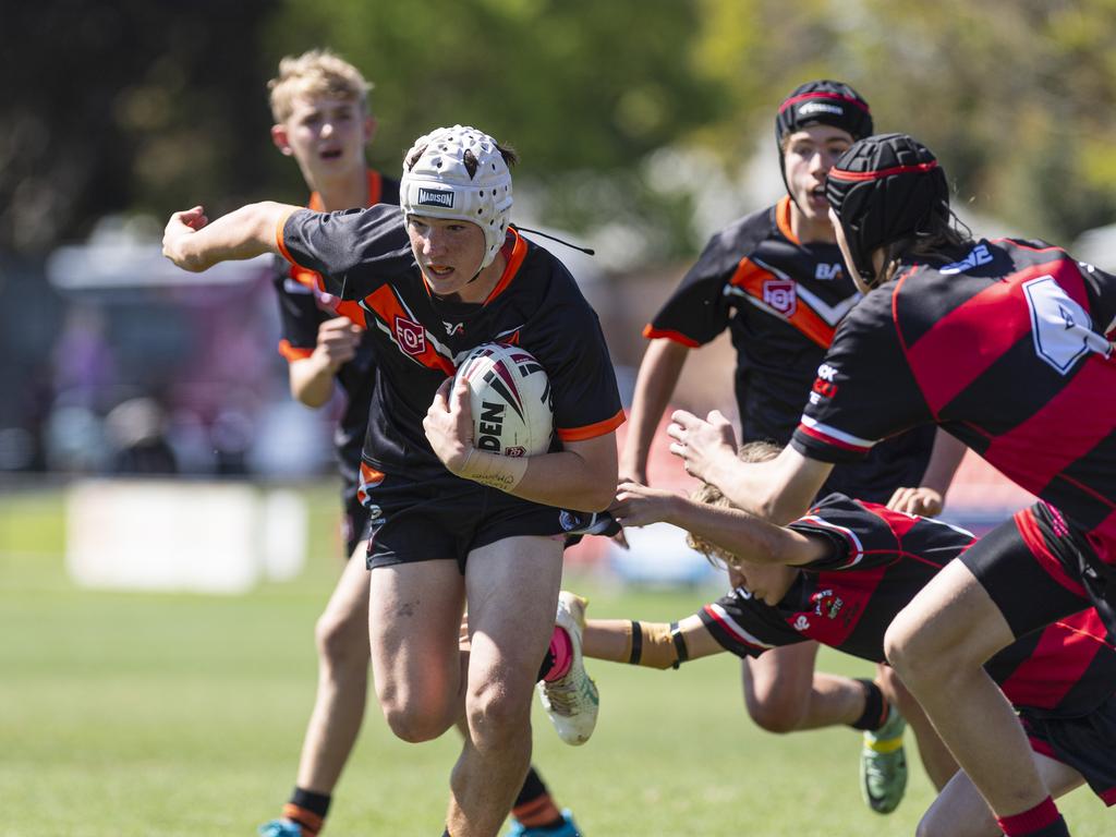 Will Fogarty makes a break for Southern Suburbs against Valleys in U13/14 boys Toowoomba Junior Rugby League grand final at Toowoomba Sports Ground, Saturday, September 7, 2024. Picture: Kevin Farmer