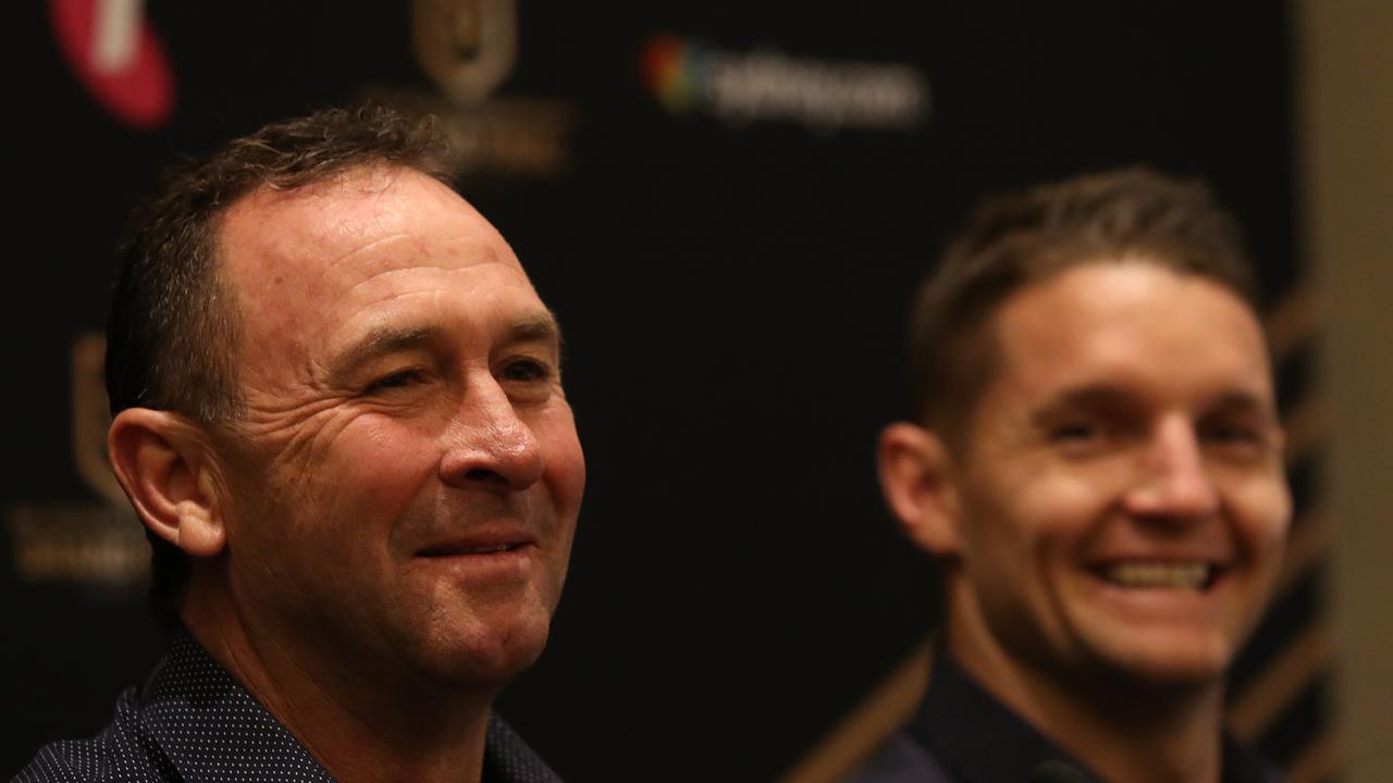 Canberra coach Ricky Stuart and Canberra's Jarrod Croker during the 2019 NRL Grand Final press conference at the Westin Hotel, Sydney. Picture: Brett Costello