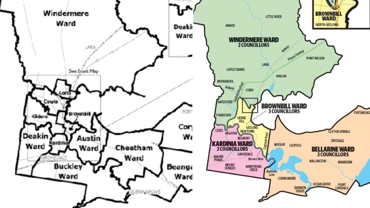 The City of Greater Geelong is set to return to single-councillor wards in an electoral shake up. On the left, the city’s wards prior to 2016, on the right, the current wards.