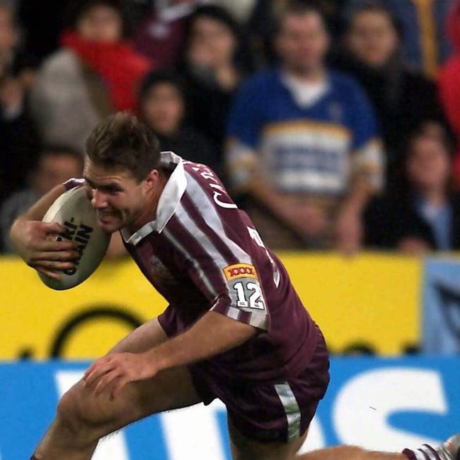 Dane Carlaw goes over in the third game of 2002 State of Origin, securing the Maroons a drawn series. Picture: Brett Costello