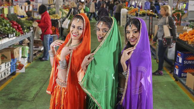 Bollydazlers Jade Heaton, Ruvini Perera and Paaromita Chakraverty will dance at Dandenong Market’s annual Diwali celebrations. Picture: Wayne Taylor