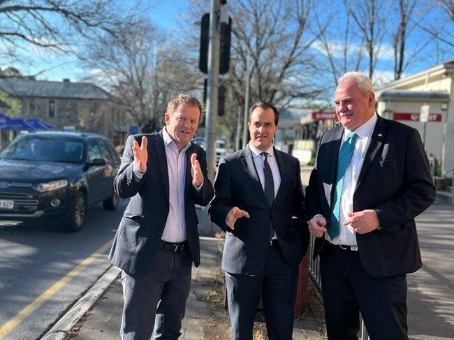 Member for Heysen Josh Teague, Shadow Minister for Infrastructure and Transport Vincent Tarzia and Shadow Minister for Regional Roads Adrian Pederick inspect the Hahndorf main street.