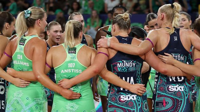 PERTH, AUSTRALIA - MAY 26: Indigenous artwork is pictured on players dresses during the round seven Super Netball match between West Coast Fever and Melbourne Vixens at RAC Arena, on May 26, 2024, in Perth, Australia. (Photo by Paul Kane/Getty Images)