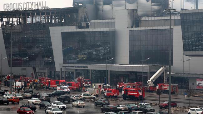 The scene of the gun attack at the Crocus City Hall concert hall in Krasnogorsk, outside Moscow. Picture: AFP