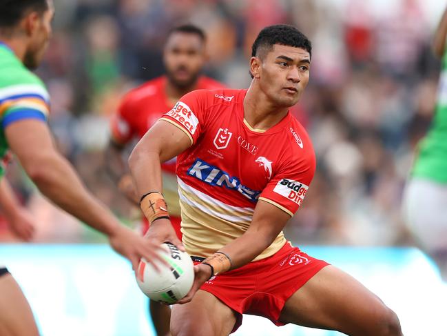 WAGGA WAGGA, AUSTRALIA - APRIL 29: Isaiya Katoa of the Dolphins daduring the round nine NRL match between the Canberra Raiders and Dolphins at McDonalds Park on April 29, 2023 in Wagga Wagga, Australia. (Photo by Mark Nolan/Getty Images)