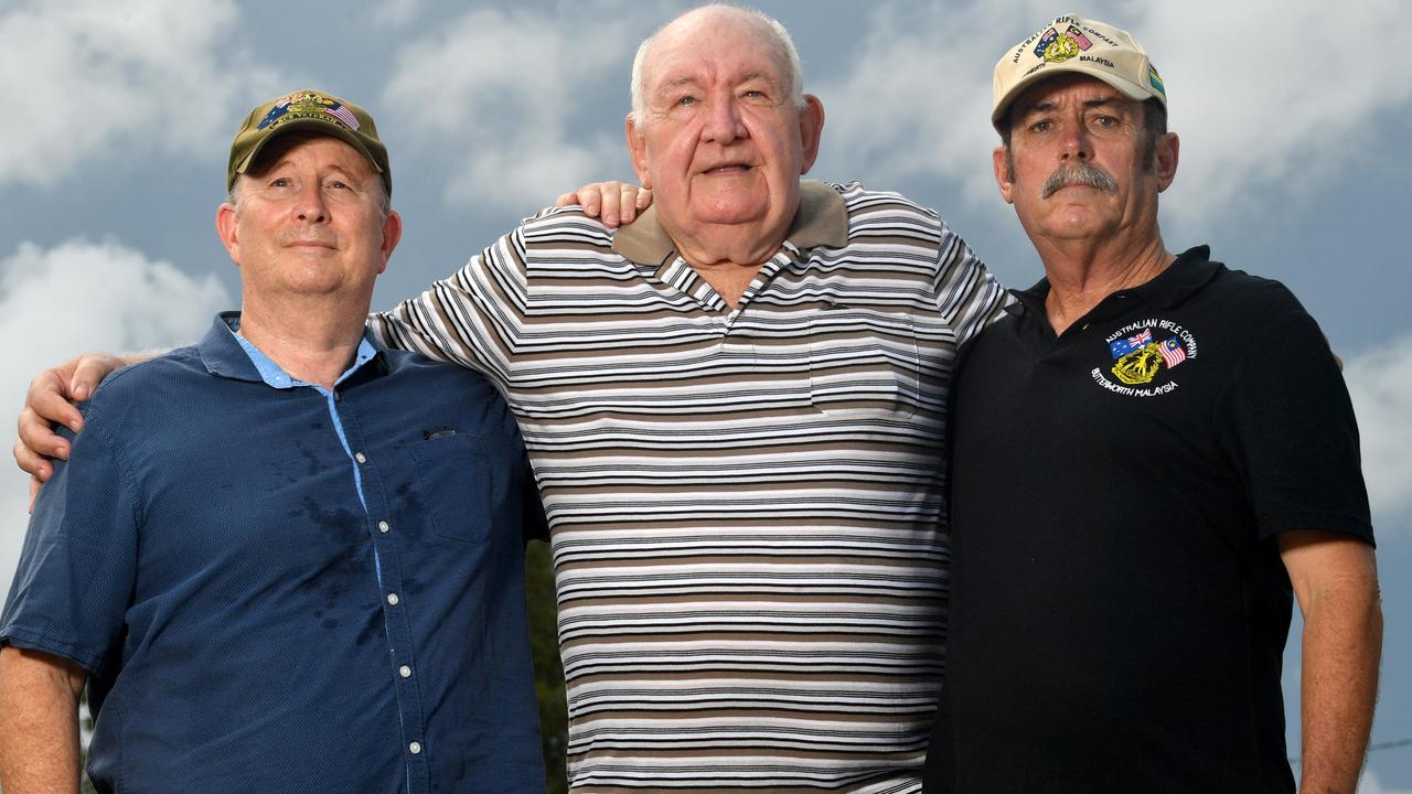 Veterans of the Rifle Company Butterworth (RCB) Ray Fulcher, Bob Taylor and Lionel Fitzsimmons. Picture: Evan Morgan