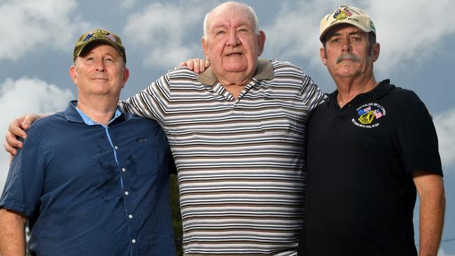 Veterans of the Rifle Company Butterworth (RCB) Ray Fulcher, Bob Taylor and Lionel Fitzsimmons. Picture: Evan Morgan