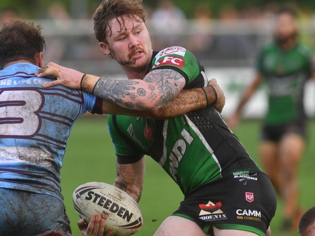 Townsville Blackhawks against Central Coast Capras at Jack Manski Oval. Blackhawks Thomas Nisbet gets pass away to set up his team's second try. Picture: Evan Morgan