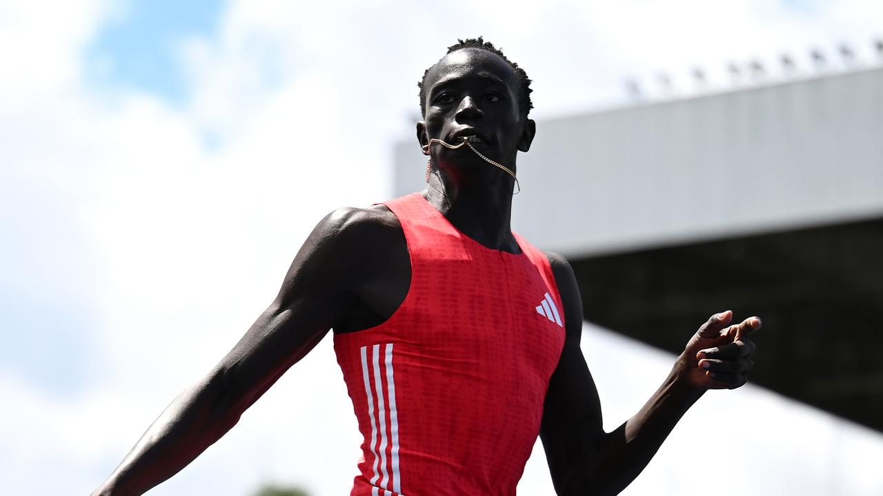 Gout Gout competes in heat 3 of the Men 100m Under 20 Prelims during the Queensland Athletics Championships at Queensland Sport and Athletics Centr.