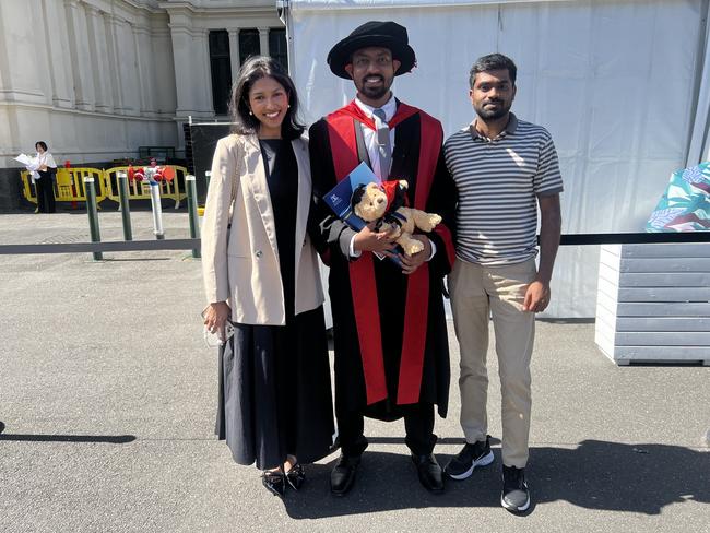 Lakshika Deshapriya, Dr Pamoda Herath (PhD in Mechanical Engineering) and Tharana Prabuddhika at the University of Melbourne graduations held at the Royal Exhibition Building on Friday, December 13, 2024. Picture: Jack Colantuono