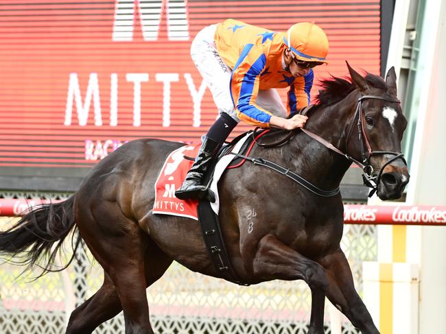 MELBOURNE, AUSTRALIA - SEPTEMBER 09: Michael Dee riding Imperatriz winning Race 8, the Mittys Mcewen Stakes, during Melbourne Racing at Moonee Valley Racecourse on September 09, 2023 in Melbourne, Australia. (Photo by Vince Caligiuri/Getty Images)