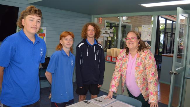 Year 9 English students Seth Walker, Jack Bellchambers and Lachlan Holecek chat with teacher Melanie Grant at Murrayville Community College. Picture: Supplied