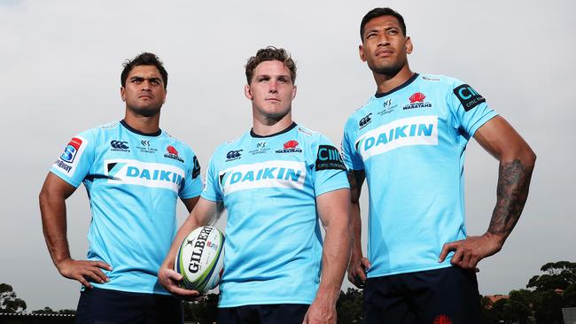 Karmichael Hunt, Michael Hooper and Israel Folau together before the Waratahs first match this weekend. Picture: Brett Costello