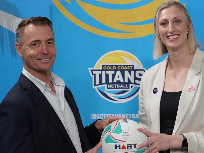 Gold Coast Titans CEO Steve Mitchell with Netball Queensland High Performance Director Demelza Fellowes at the announcement of the club's entry into the Sapphire Series Netball competition. Photo: Supplied