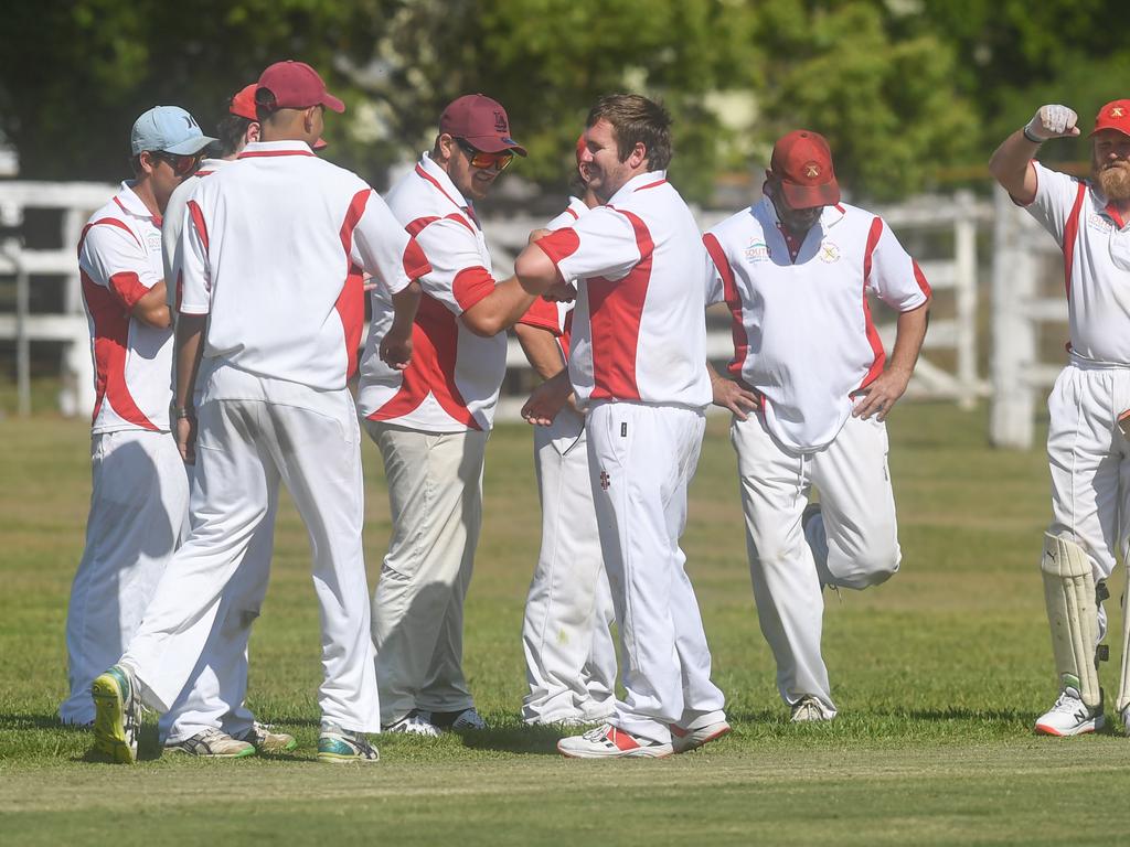 Souths celebrate the wicket of Tucabia's Travis Anderson in CRCA premier league action.