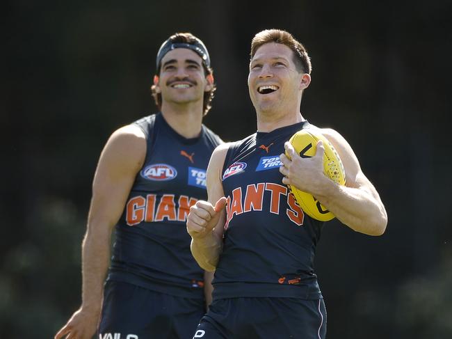 Greene and Bedford got very competitive at training on Tuesday. Picture: Phil Hillyard