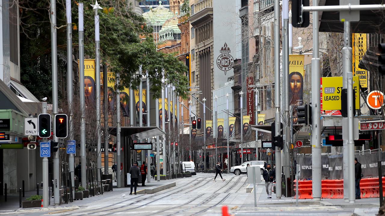 Empty streets and buildings closed in the city as Sydney enters its fourth week of lockdown due to the current Covid-19 outbreak. A quiet George St. Picture: Toby Zerna