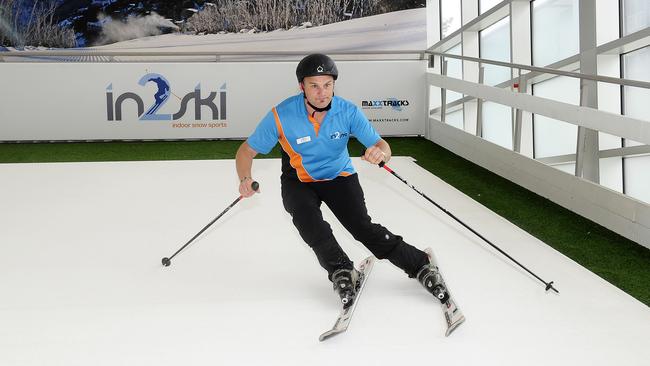 Coach Damian Jackson goes full speed on one of the four slopes at In2Ski indoor ski centre at Alexandria. Picture: John Appleyard