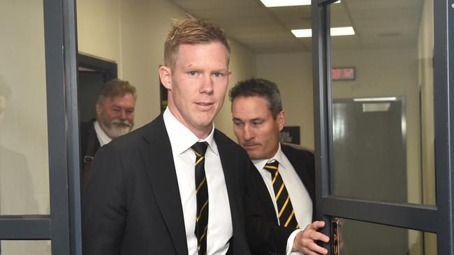 Jack Riewoldt leaves the tribunal after his $1000 fine for misconduct was increased to $1500. Picture: AAP Image/James Ross.