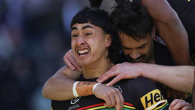 WOLLONGONG, AUSTRALIA - JULY 28: Casey McLean of the Panthers celebrates scoring a try during the round one NRLW match between St George Illawarra Dragons and Gold Coast Titans at WIN Stadium on July 28, 2024 in Wollongong, Australia. (Photo by Jeremy Ng/Getty Images)