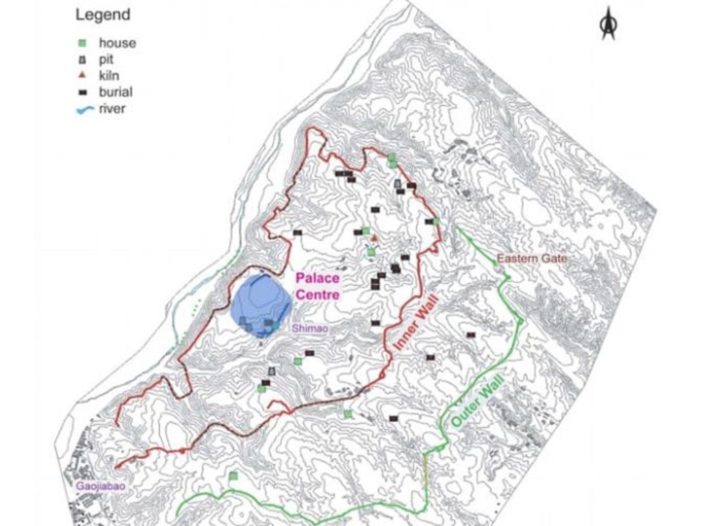 The ancient city of Shimao, showing the central 'pyramid' (blue), the inner defensive wall (red) and the outer wall of the city (green). Picture: Zhouyong Sun and Jing Shao