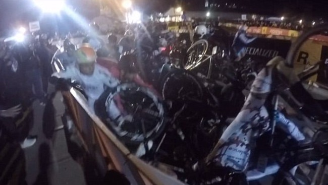 A screengrab of the carnage caused by a stalled motorbike in the Red Hook criterium.