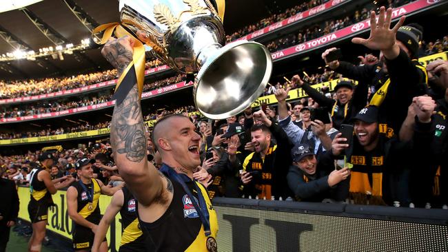 Dustin Martin celebrates last year’s premiership win. Picture: Phil Hillyard