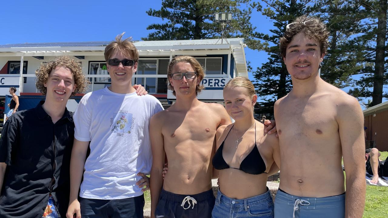 Jack Lazzarotto, 18, Lachlan Dekker, 18, Dane burns, 17, Mabel Hancock, 17 and Oliver wood, 17, at Byron Bay Schoolies celebrations. Picture: Sam Stolz